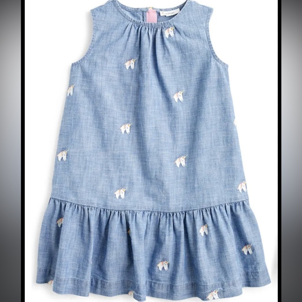 Crewcuts Unicorn Chambray Dress Ruffle Bottom NWOT SIZE 8 size 10 - Picture 1 of 12